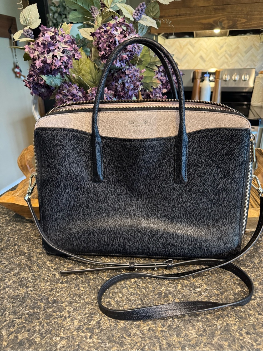 kate spade Black and Taupe Pebbled Leather Laptop Bag
